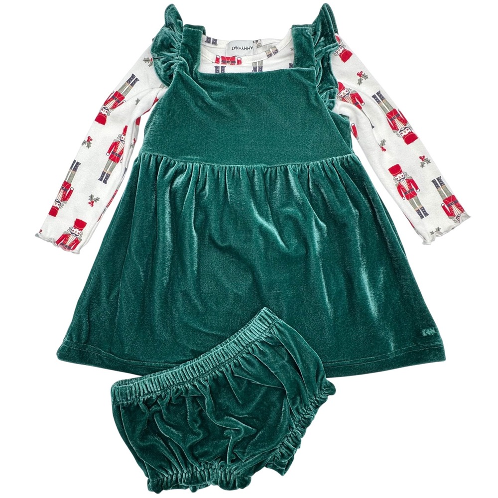 Sammy Nat Nutcracker Velvet Dress Bloomers Set Girls 12 18 Months‎ Green Holiday